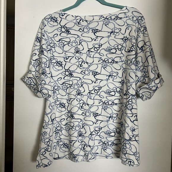 Karen Scott Woman 1X white & blue nautical print wide neck short sleeve shirt - Picture 4 of 4